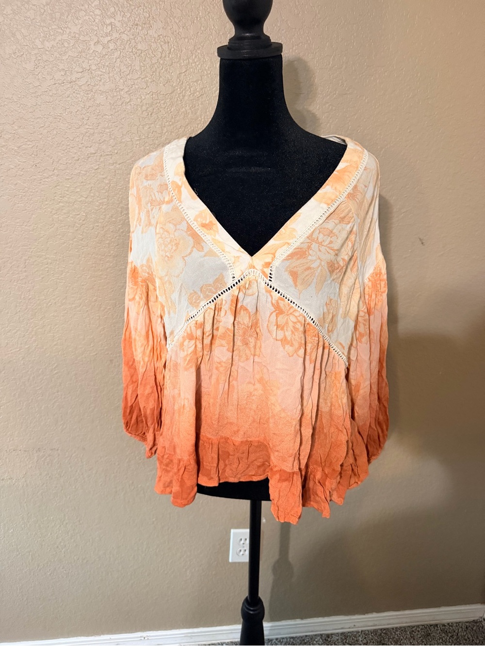 Boho Peach Ombre V-Neck Tunic with Lace Trim